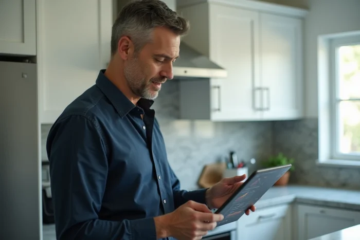 Homme gérant son compte en ligne sur une tablette dans une cuisine moderne
