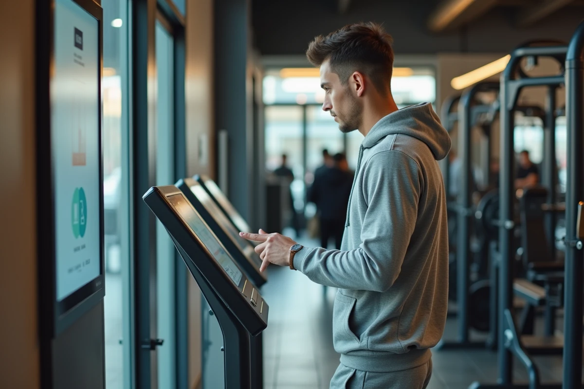Jeune homme utilisant un terminal dans une salle de sport