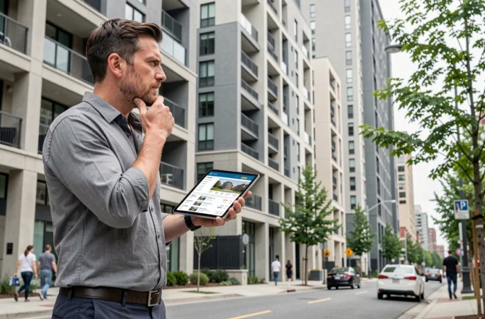Homme tenant une tablette avec des données immobilières devant un immeuble résidentiel neuf, investissement locatif en milieu urbain