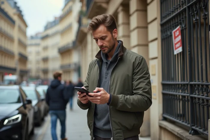 Homme consultant son téléphone devant un immeuble haussmannien avec panneau à louer dans une rue parisienne en zone tendue