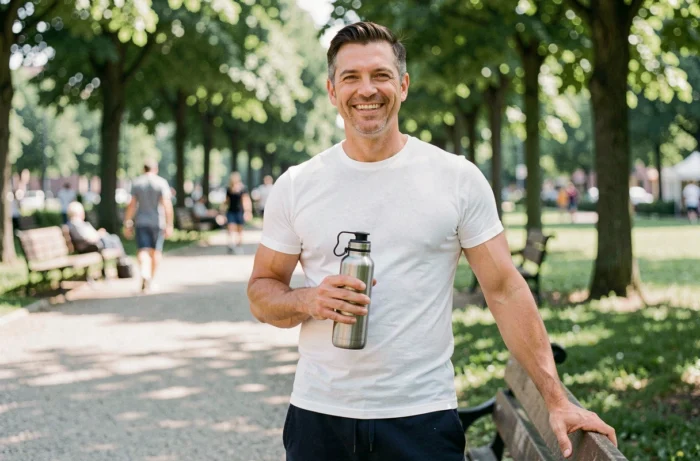 Homme souriant tenant une bouteille d'eau réutilisable dans un parc urbain verdoyant, symbolisant une routine de santé active et les bonnes habitudes quotidiennes