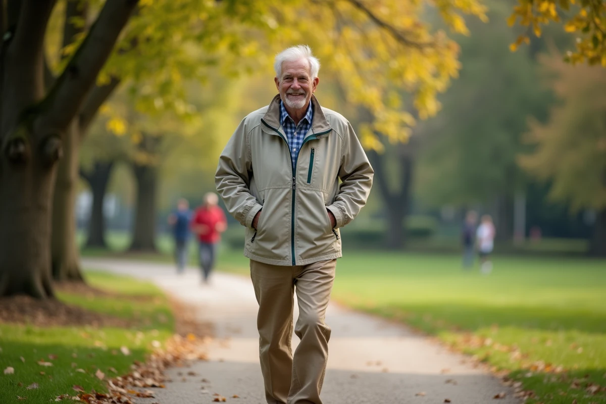 Homme senior marchant dans un parc verdoyant en automne