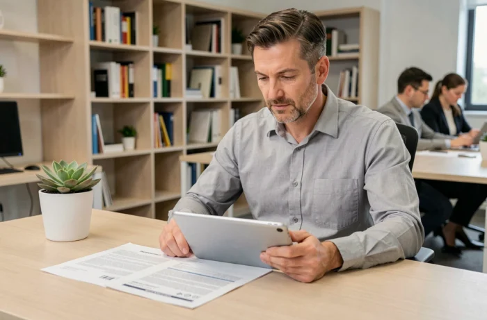 Un homme consulte une tablette et des documents administratifs pour accompagner la mise en place d'une tutelle via une application mobile