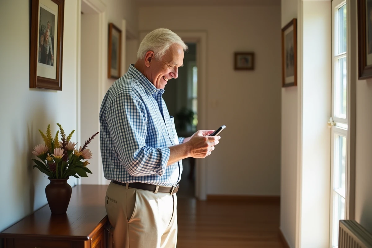 Homme agee vérifiant sa messagerie sur un téléphone Doro dans le couloir