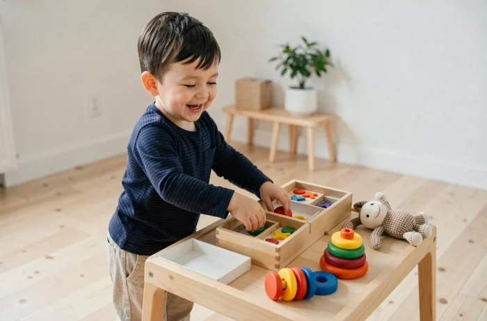Petit garçon de 3 ans découvrant des jouets éducatifs en bois et en silicone sur une table de jeu dans une chambre scandinave lumineuse