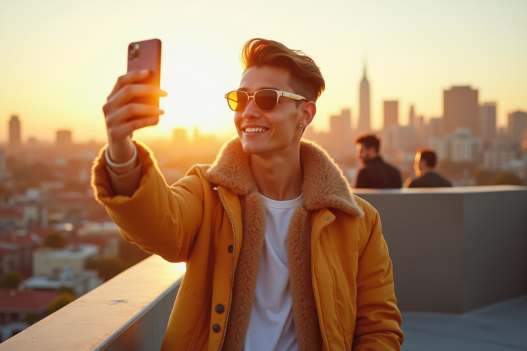 Jeune influenceur prenant un selfie en rooftop ensoleille