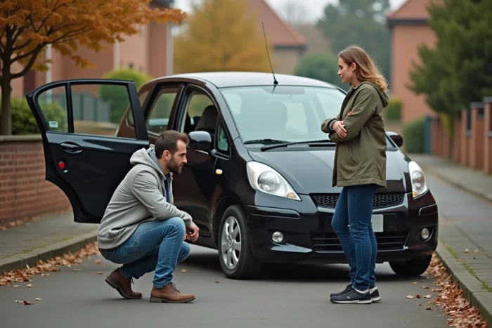Couple inspectant soigneusement une voiture d'occasion lors d'une vente entre particuliers
