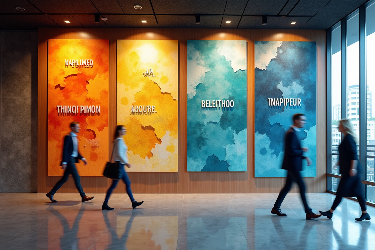 Installation murale avec mots clés dans un hall d