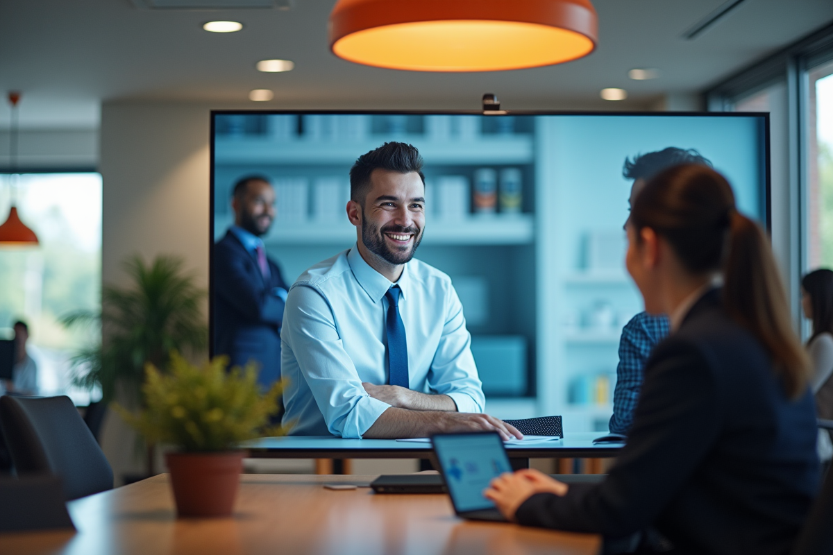 Agence bancaire moderne avec écran digital et client interactif