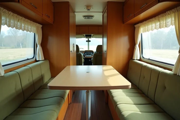 Intérieur authentique d'une caravane Rubis vintage avec banquette en tissu vert olive usé, table formica et rangements en stratifié teck