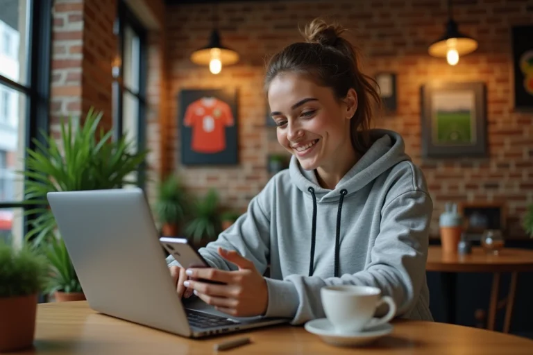 Jeune femme en sportwear consulte les actualites sportives au cafe