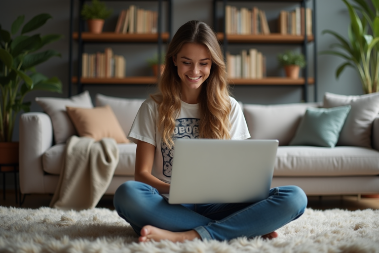 Jeune femme concentrée jouant en ligne sur son laptop dans un salon