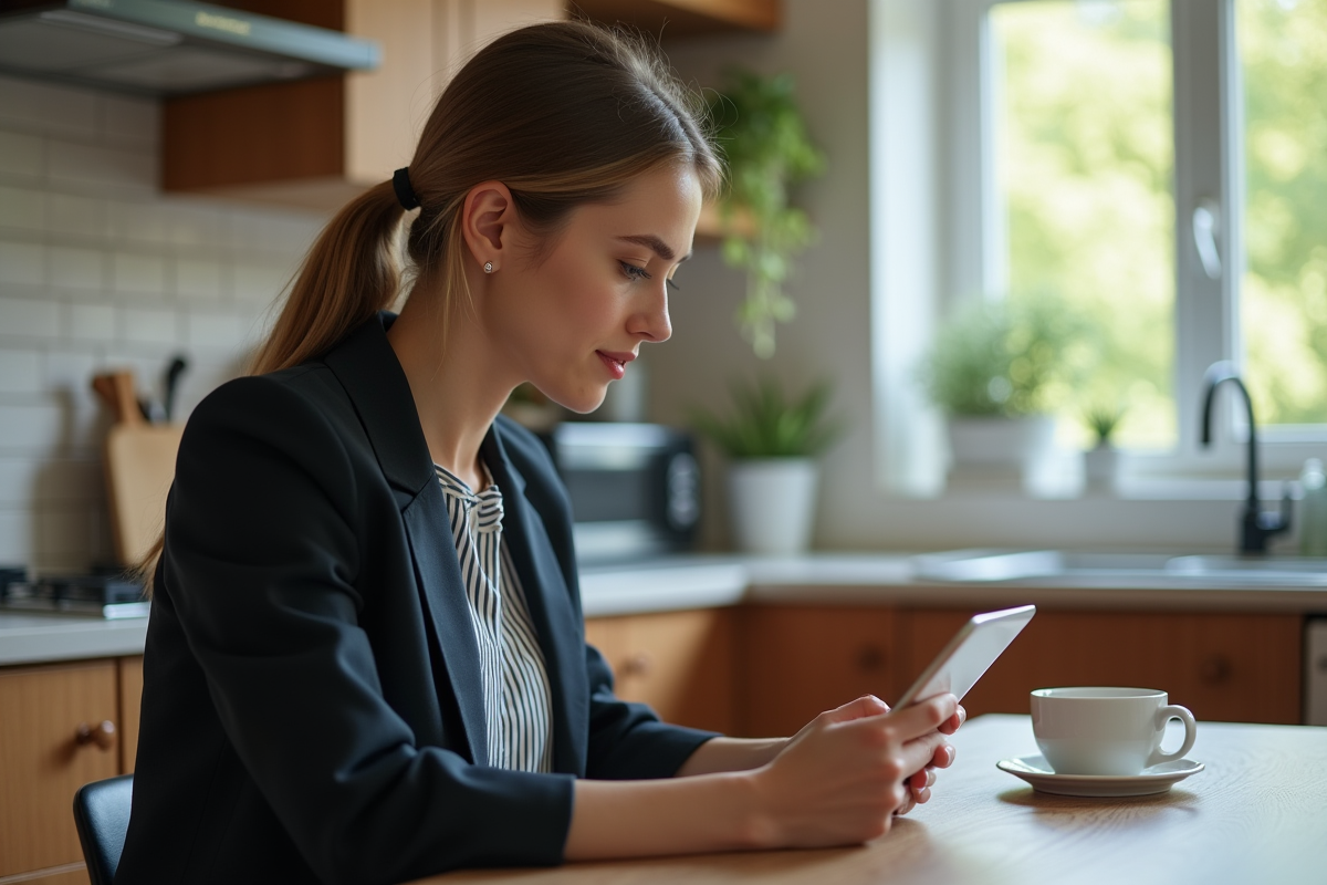 Jeune femme travaillant à distance dans sa cuisine