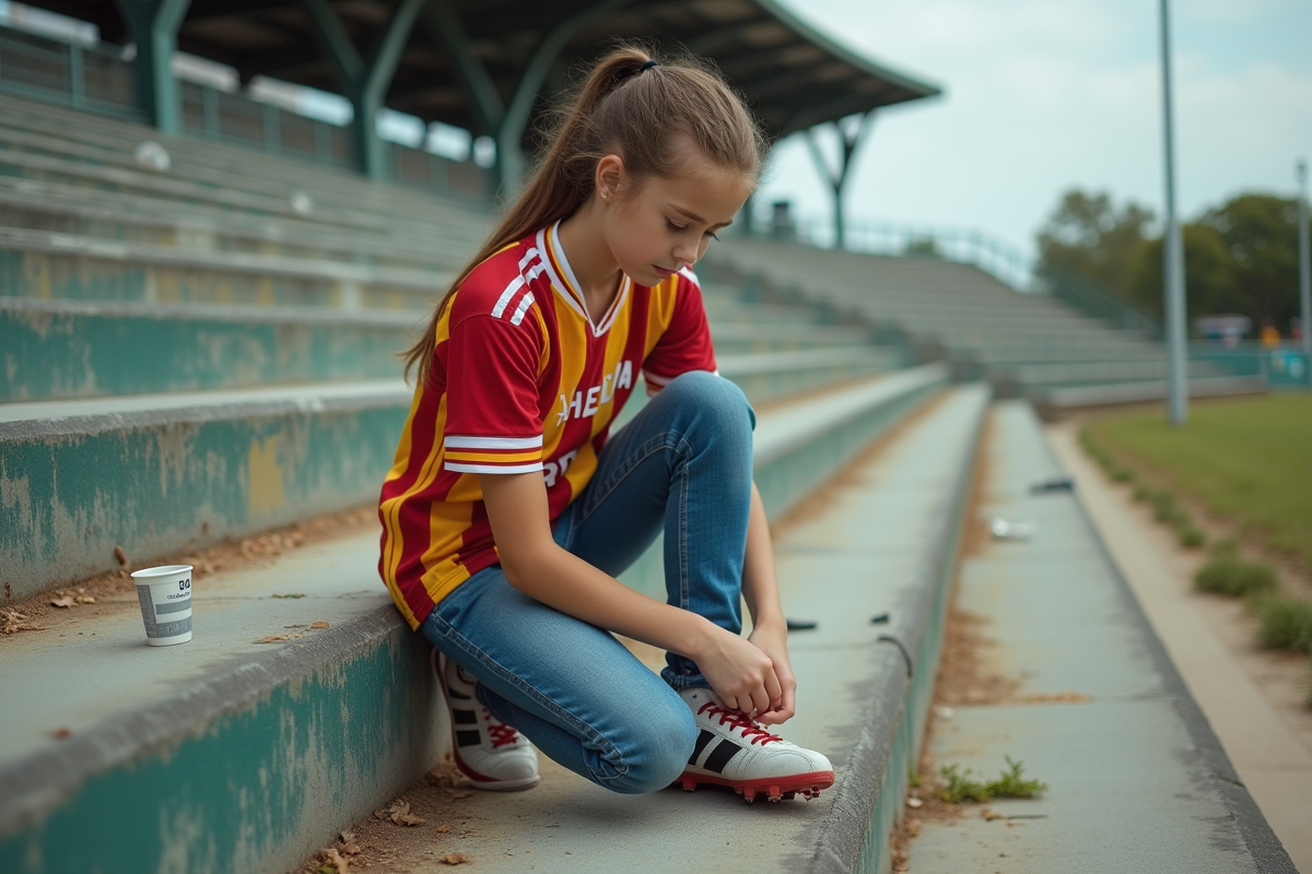 Jeune fille en maillot de football attachant ses crampons dans un stade