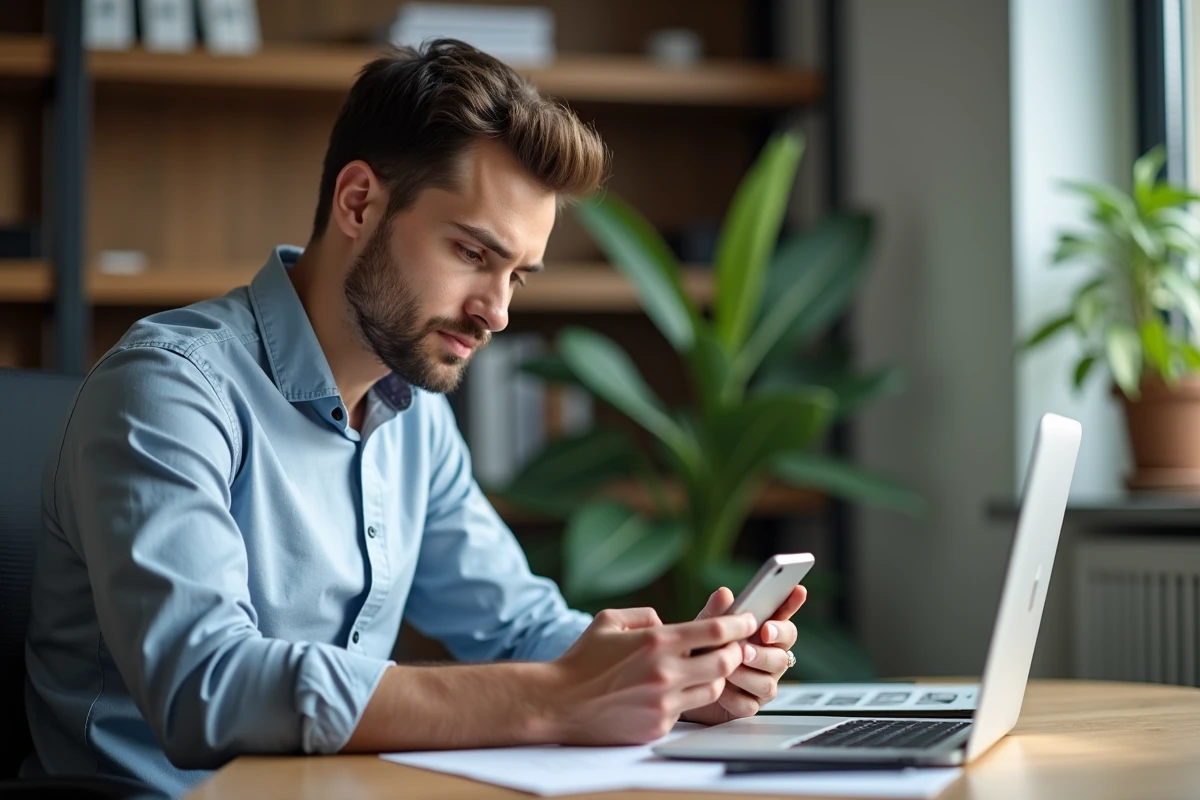 Jeune homme vérifie son application bancaire sur smartphone dans un bureau