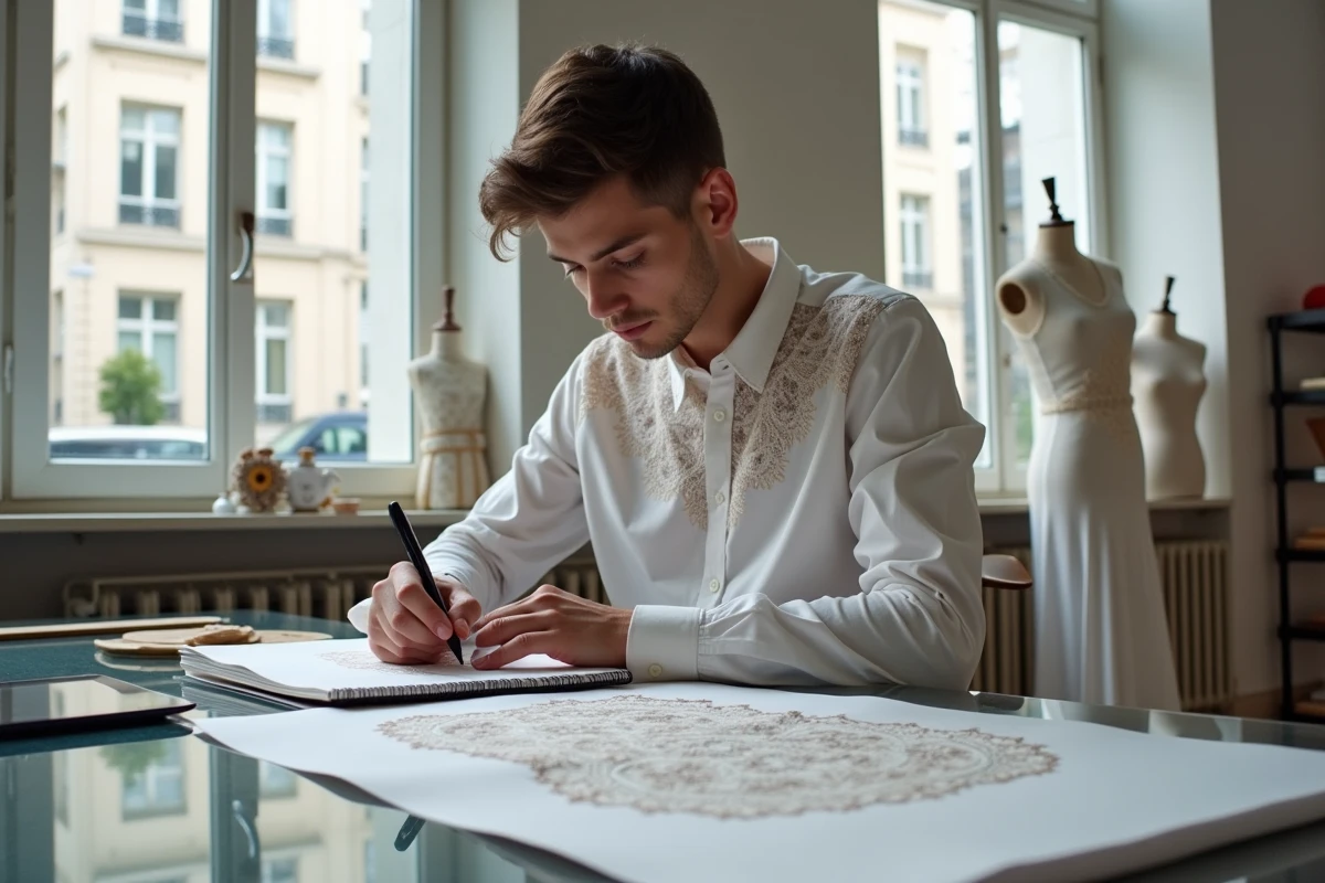Jeune homme esquissant des motifs de dentelle dans un studio moderne