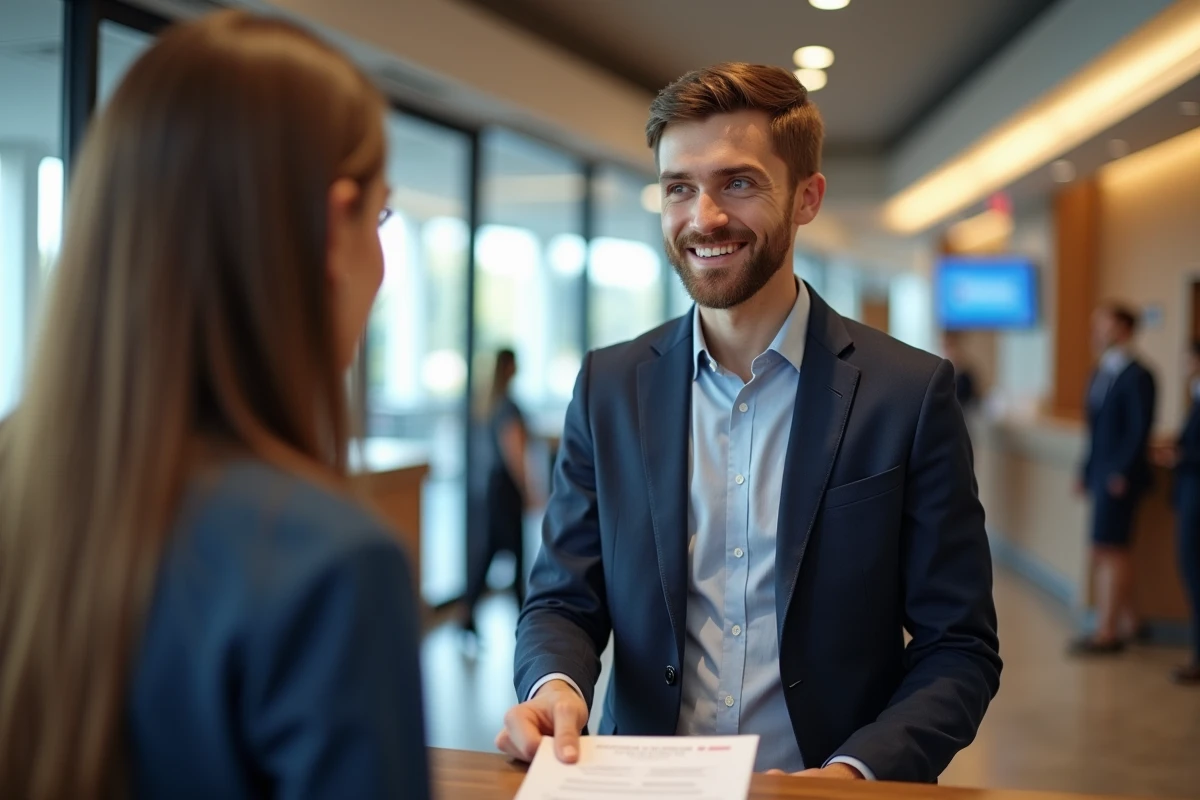 Jeune homme remettant ses documents à la banque