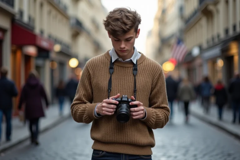 Jeune homme regardant une caméra dans une rue parisienne