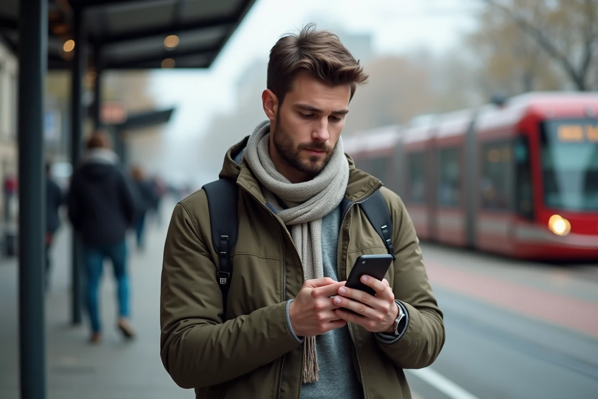 Jeune homme dans la ville regardant son smartphone avec curiosité