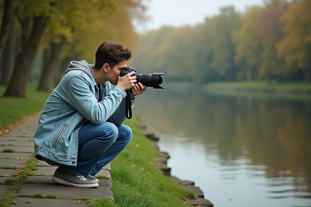 Jeune photographe près d’un parc au bord de l’eau