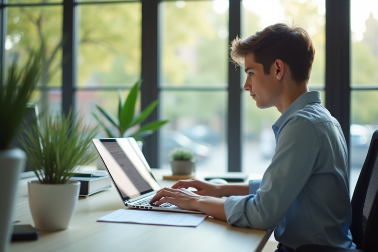 Jeune professionnel utilisant un ordinateur pour banque en ligne