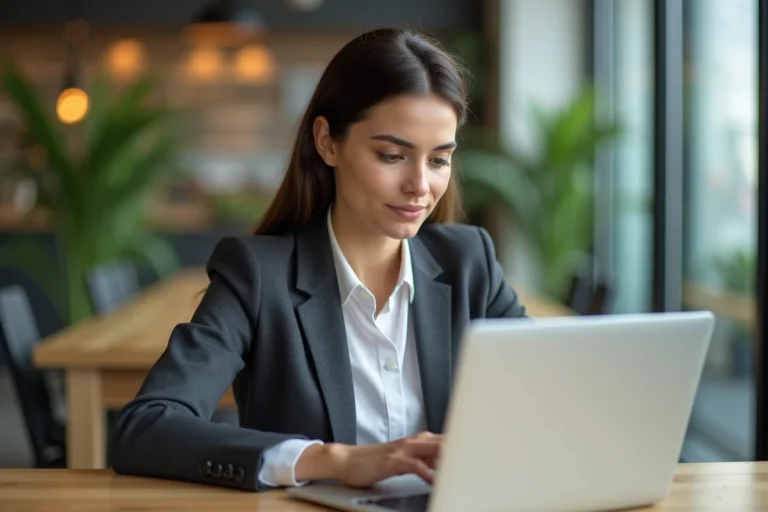 Femme professionnelle concentrée sur son ordinateur dans un espace de coworking