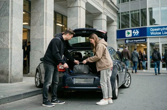 Deux jeunes adultes chargeant leurs bagages dans une voiture sans permis devant une gare moderne