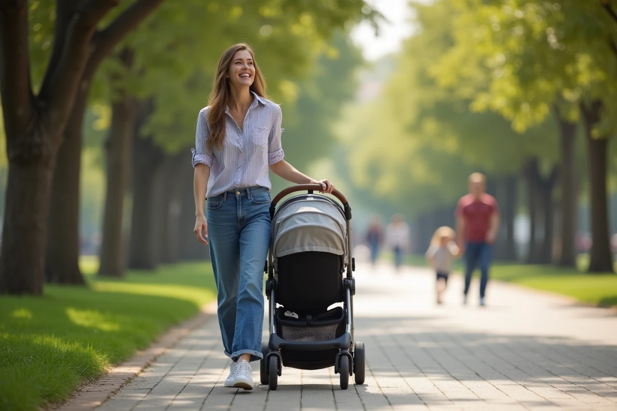 Jeune mère riant en poussant une poussette dans un parc urbain