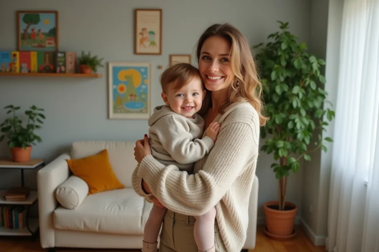 Femme souriante avec son enfant dans un salon chaleureux
