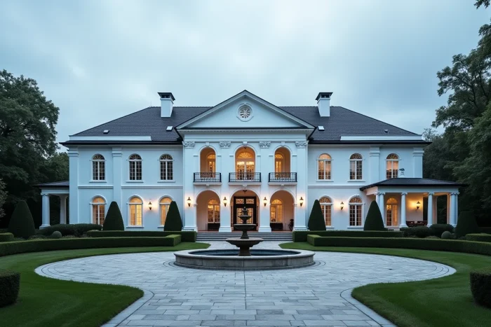 Manoir de luxe avec pelouse immaculée et fontaine représentant la fortune d'un pasteur évangéliste américain