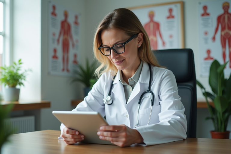 Médecin femme en blouse blanche utilisant une tablette