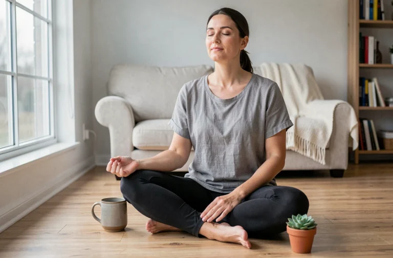 Femme en position de méditation sur un plancher en bois dans un salon minimaliste et apaisant, illustrant le bien-être et la relaxation au quotidien