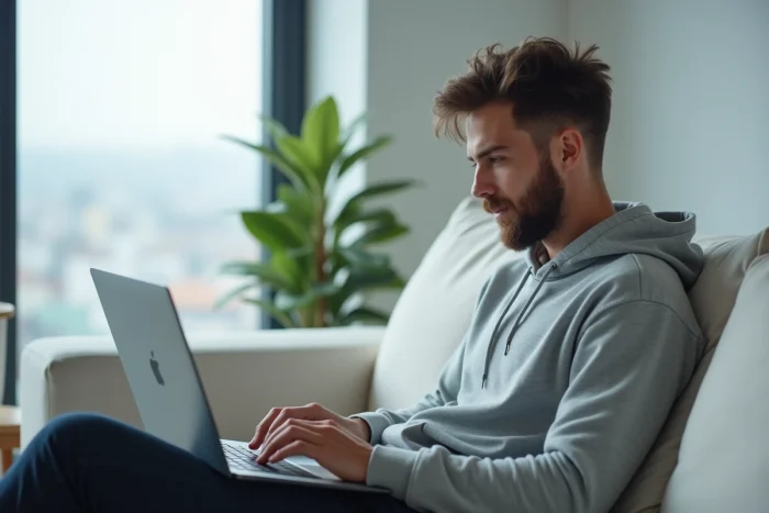 Jeune homme modifiant son adresse sur l'espace client en ligne de La Banque Postale