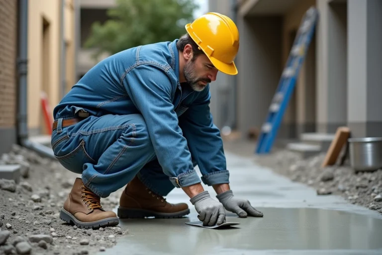 Ouvrier en bleu travaillant sur du beton frais en extérieur