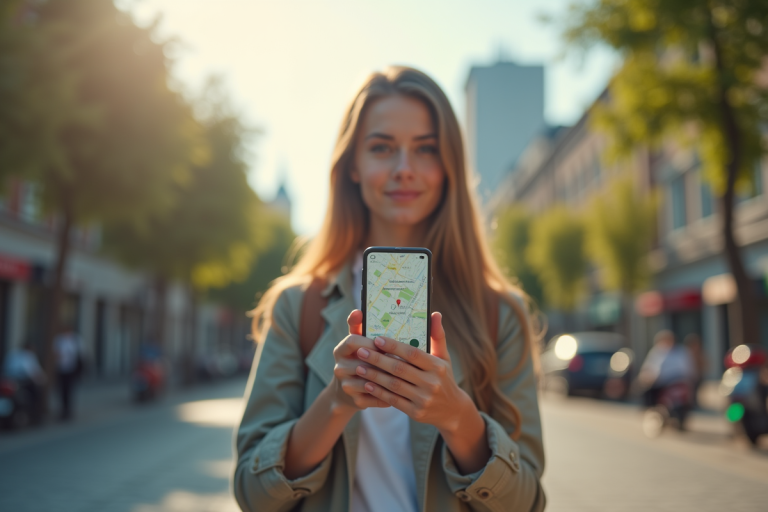 Personne dans la ville avec smartphone et carte digitale
