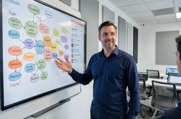 Professeur de français en classe moderne utilisant un tableau interactif pour enseigner la grammaire française de façon innovante