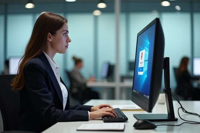 Professionnelle réinitialisant ses identifiants de connexion sur un ordinateur de bureau en open space
