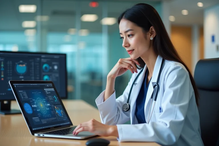 Professionnelle de santé en bureau avec ordinateur et plateforme medicale