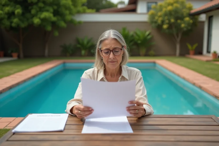 Propriétaire consultant des documents administratifs liés à la taxe foncière d'une piscine privée dans son jardin