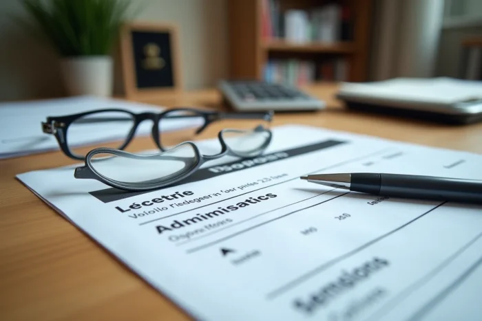 Gros plan sur un relevé de caisse de retraite PTT posé sur un bureau avec des lunettes et un stylo
