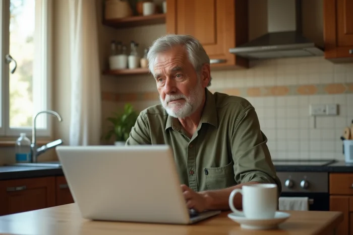 Retraité des PTT utilisant un ordinateur portable pour consulter sa caisse de retraite à domicile