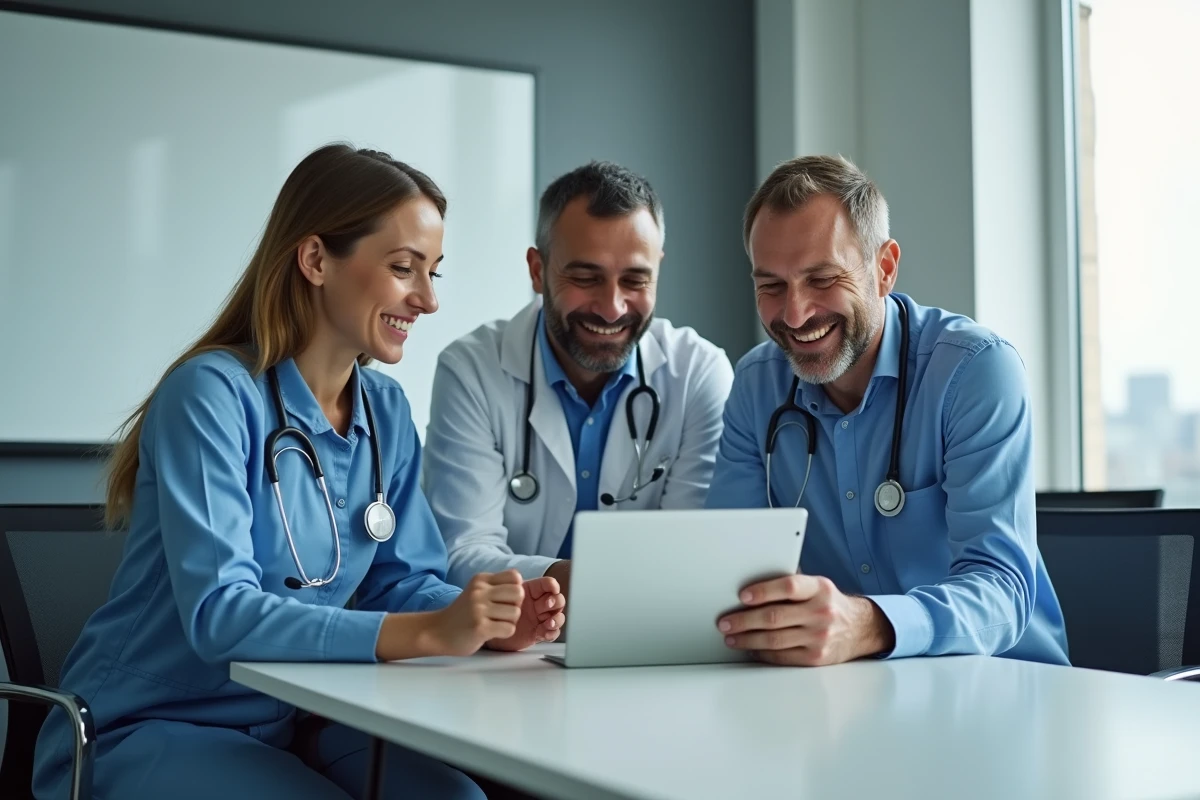 Equipe de professionnels de santé discutant logiciel medical