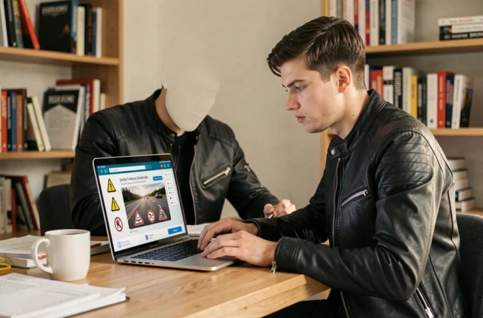 Jeune homme en veste de moto révisant le code de la route en ligne sur un ordinateur portable à son bureau