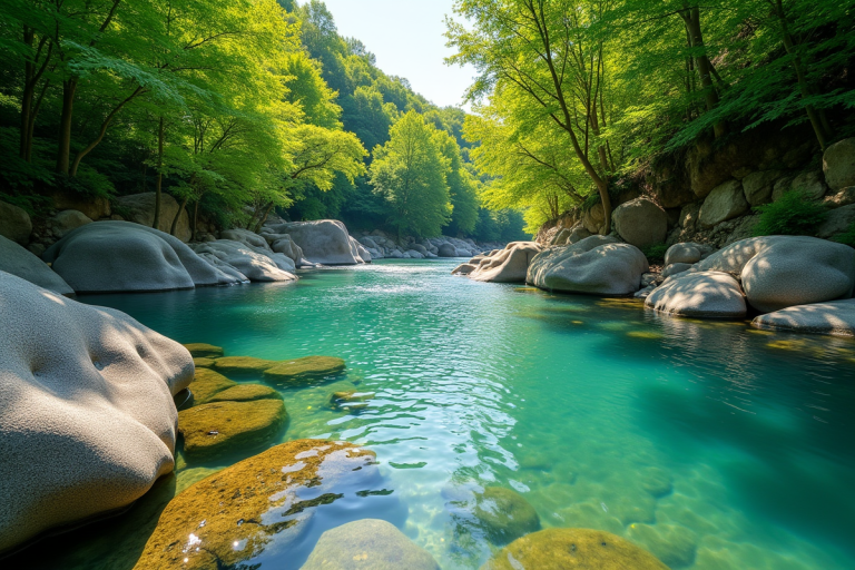 Rivière isolée en France avec eau turquoise et rochers