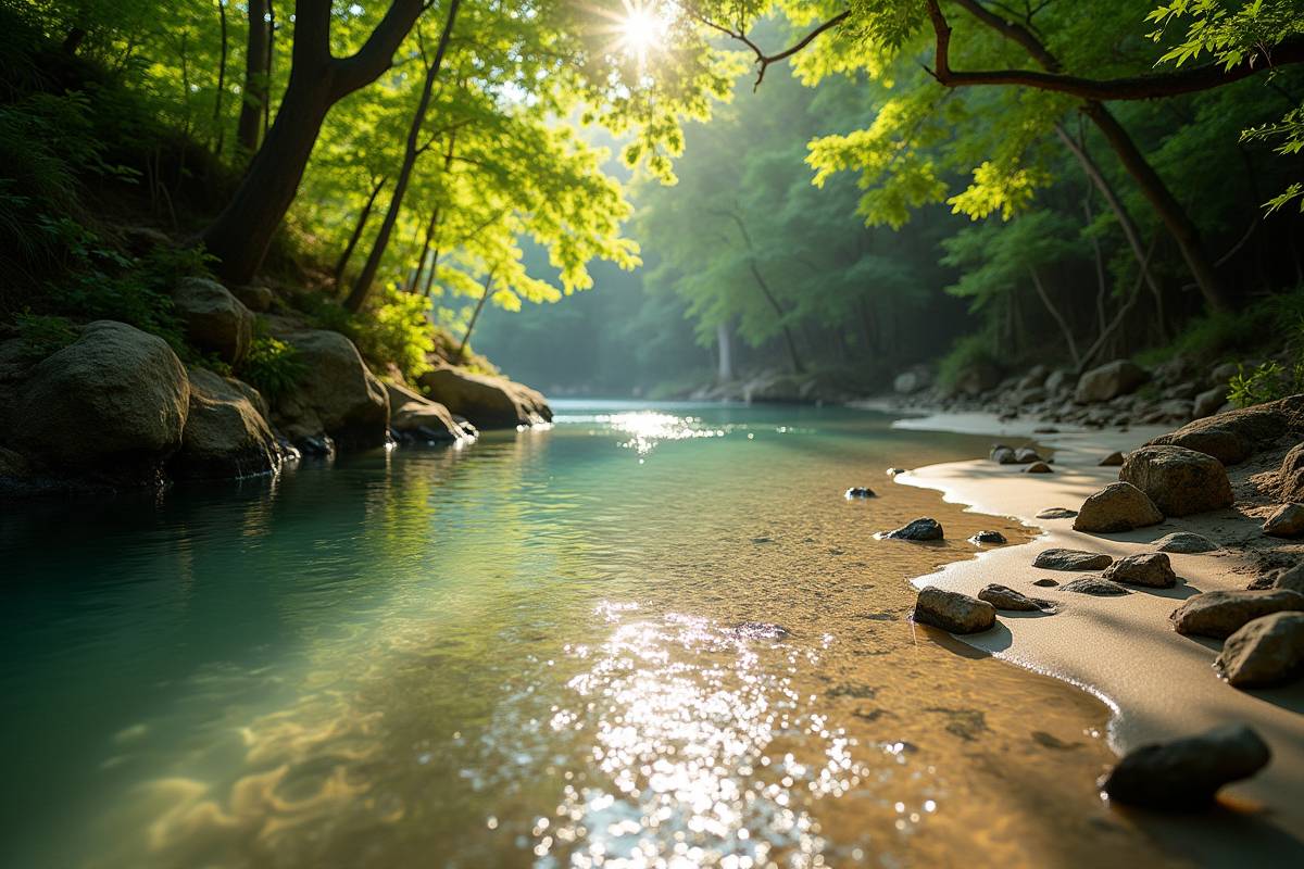 Ruisseau paisible en France avec empreintes dans le sable
