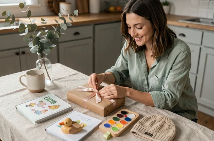 Jeune femme arrangeant des cadeaux créatifs pour tout-petits sur une table en bois rustique, incluant livres illustrés, jouet en bois et bonnet tricoté