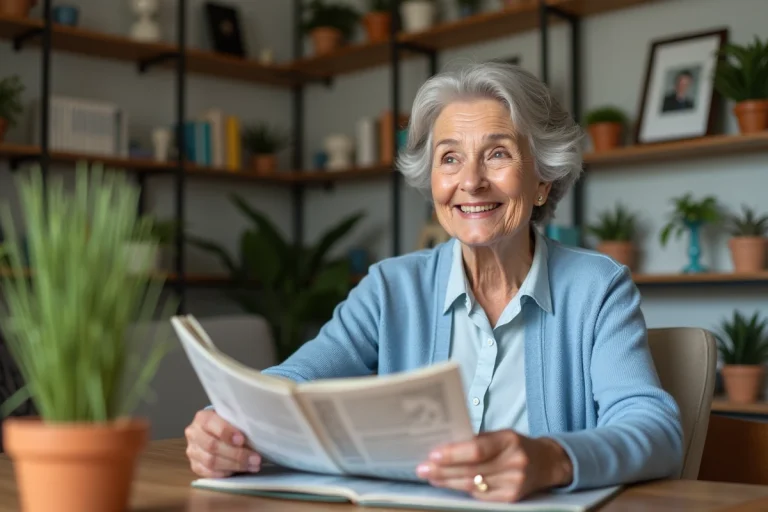 Femme senior souriante lisant un magazine santé dans un salon chaleureux