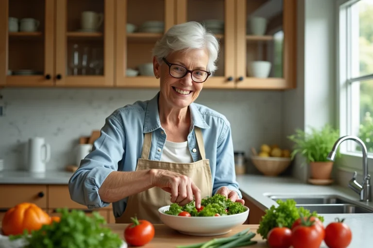 Femme senior préparant une salade dans la cuisine moderne
