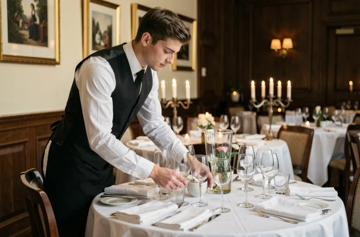 Serveur en tablier long dressant une table avec verrerie et serviettes en lin dans une salle de restaurant gastronomique
