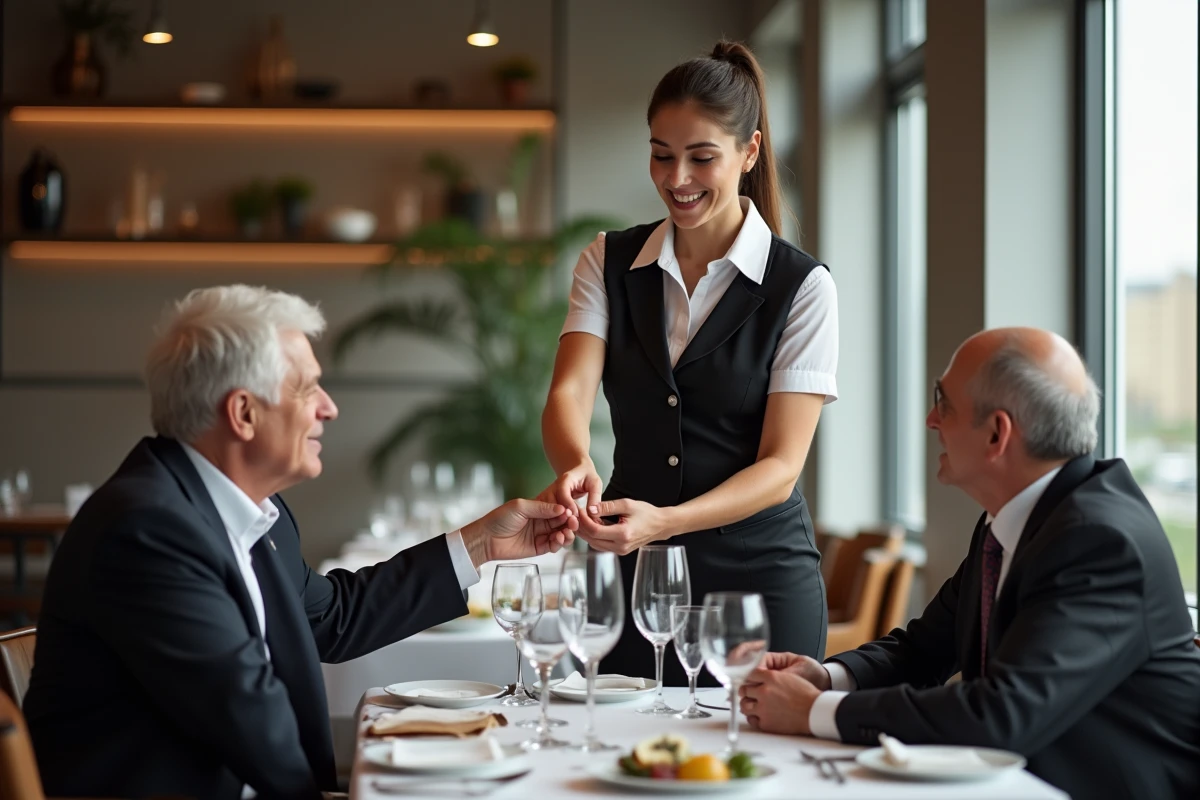 Serveuse souriante acceptant un pourboire dans un restaurant moderne